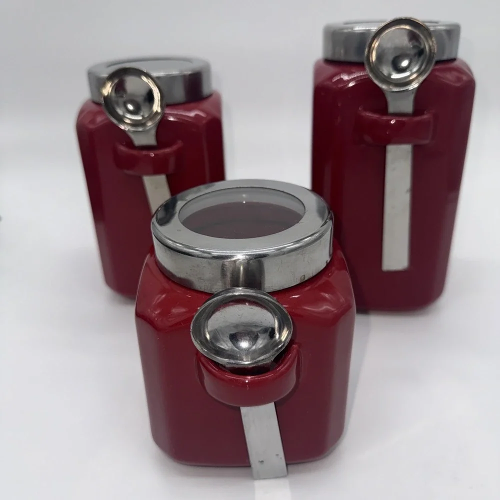 Set of 3 Red/Silver Mainstay Canisters With Spoons